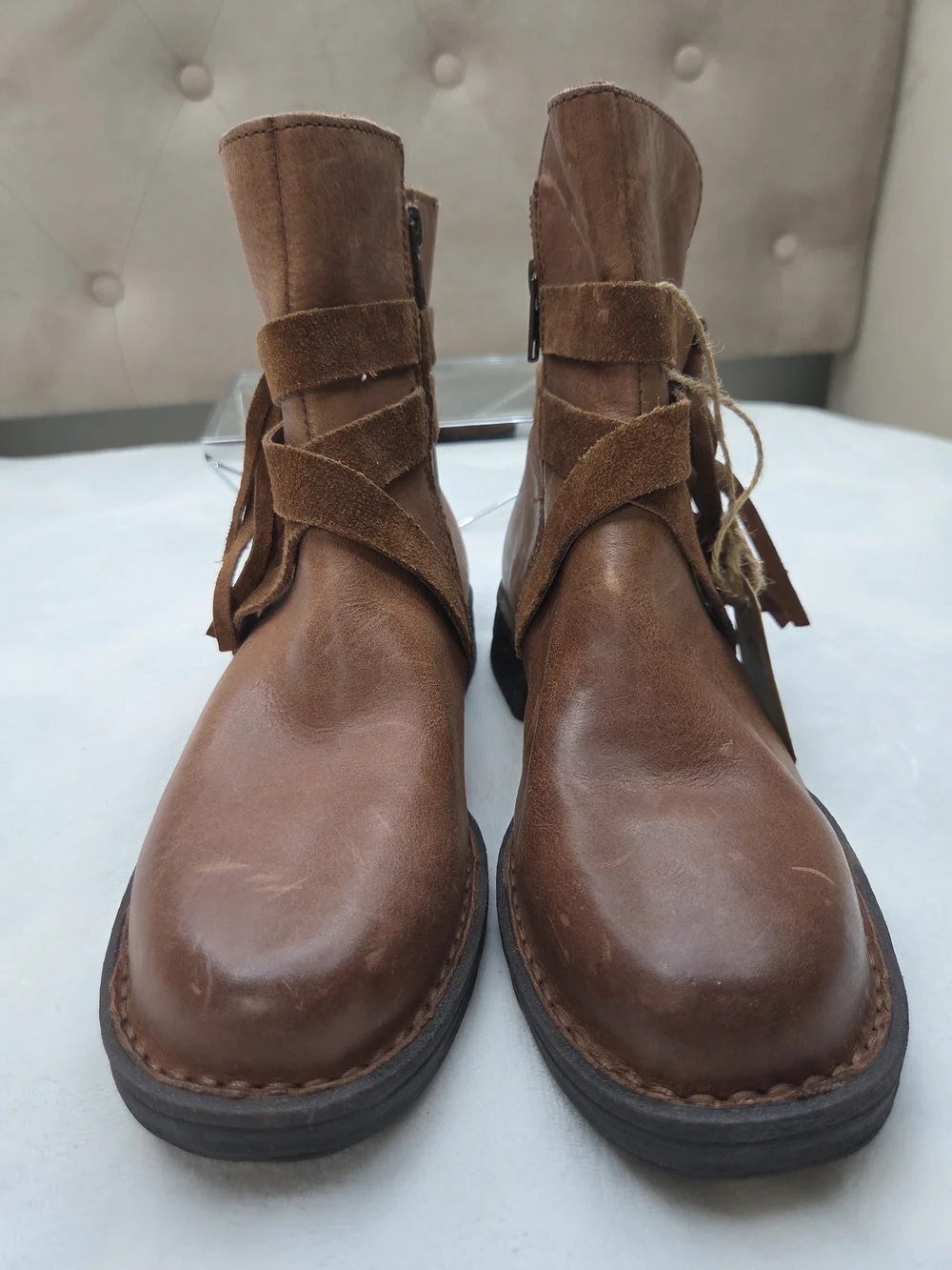 Born Leather Fringe Wrap Ankle Boots Brown‎ Side Zip Booties Women's Size 6.5M